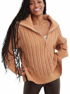 ⚡️NWT Aerie Cozy Cable Knit Half-Zip Sweater - Camel